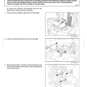 May include: Diagram illustrating the removal of a rear three-point hitch. The image includes numbered steps with arrows pointing to specific parts, such as bolts, pins, and the battery cable. Safety warnings are also included.