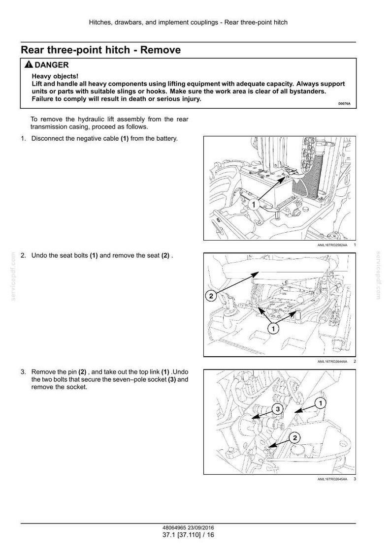 May include: Diagram illustrating the removal of a rear three-point hitch. The image includes numbered steps with arrows pointing to specific parts, such as bolts, pins, and the battery cable. Safety warnings are also included.