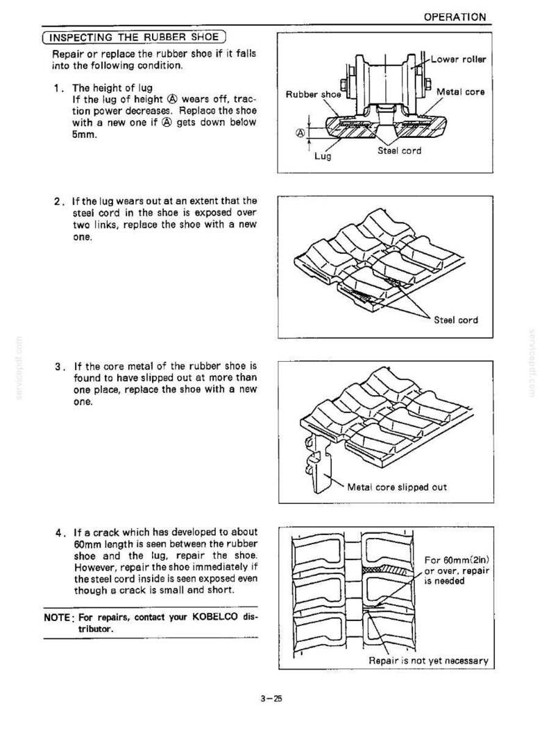 Peut inclure: Une page de manuel technique intitul&eacute;e OPERATION INSPECTING THE RUBBER SHOE, pr&eacute;sentant des dessins au trait noir et blanc de chenilles de machines. Elle inclut des sch&eacute;mas montrant un galet inf&eacute;rieur, un noyau m&eacute;tallique, un c&acirc;ble en acier et l'usure des ergots avec des &eacute;tiquettes de 5mm et 2in.