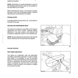May include: A technical manual page titled SECTION 2 - CONTROLS, INSTRUMENTS AND OPERATION. It details air suspension seat adjustments for a tractor, including text instructions and two black and white line drawings of a seat and armrest controls.