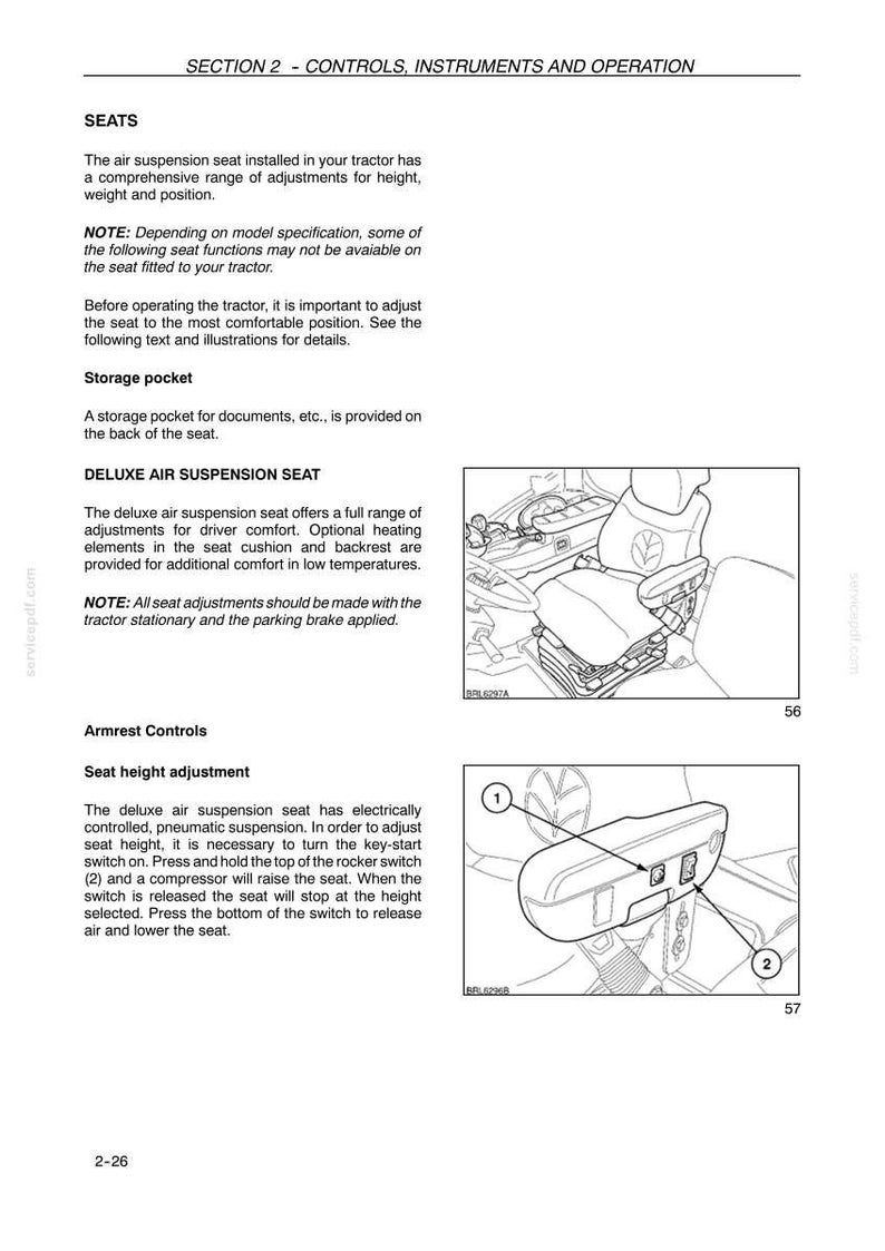 May include: A technical manual page titled SECTION 2 - CONTROLS, INSTRUMENTS AND OPERATION. It details air suspension seat adjustments for a tractor, including text instructions and two black and white line drawings of a seat and armrest controls.