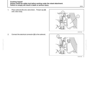 May include: A technical document page titled Command - Install Brake valve solenoid for models with single speed. It includes a danger warning about crushing hazards and two black and white line drawings showing the installation steps for a solenoid.