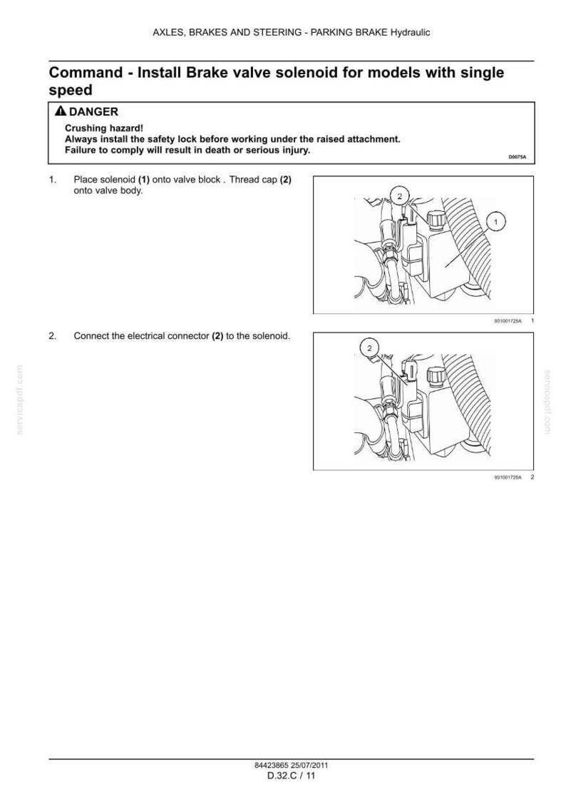May include: A technical document page titled Command - Install Brake valve solenoid for models with single speed. It includes a danger warning about crushing hazards and two black and white line drawings showing the installation steps for a solenoid.