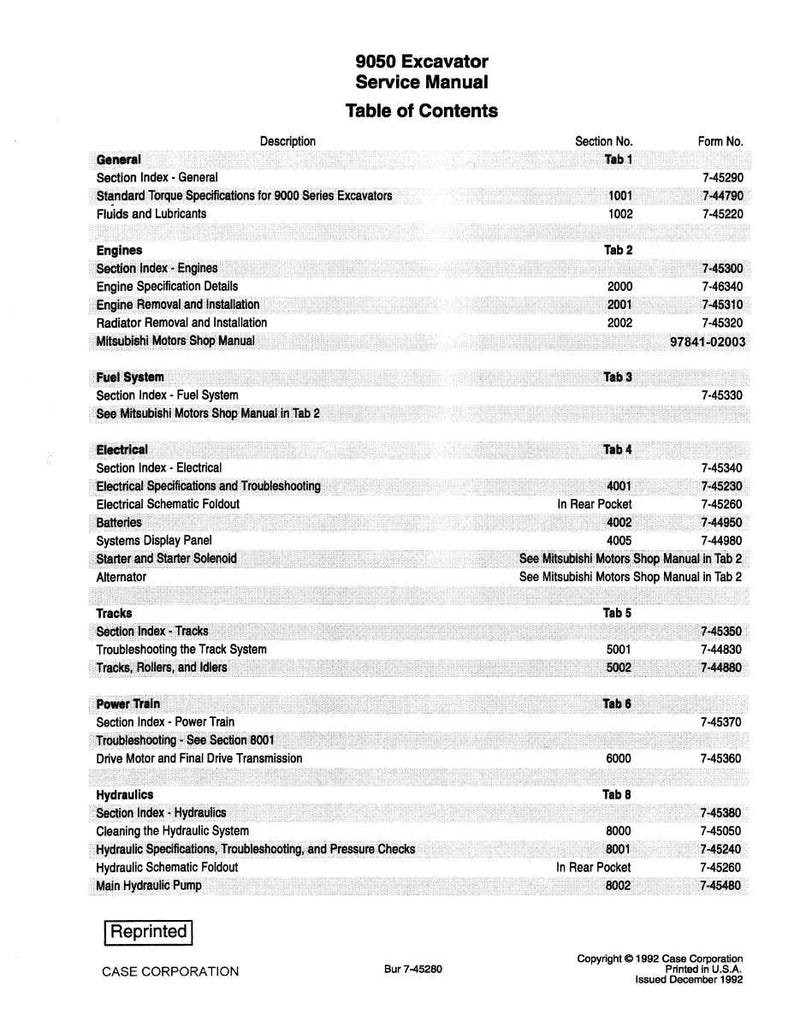 May include: A page from a 9050 Excavator Service Manual, featuring a table of contents. The document lists sections like Engines, Fuel System, Electrical, and Hydraulics, with corresponding section and form numbers. The Case Corporation reprinted the manual in 1992.