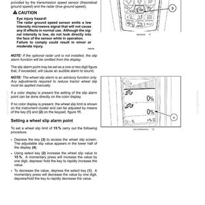 Pode incluir: Uma p&aacute;gina de manual t&eacute;cnico intitulada 3-CONTROLS AND INSTRUMENTS detalhando as configura&ccedil;&otilde;es de patinagem das rodas do trator. Inclui diagramas de um teclado com teclas 1, 2, 3 e um display digital mostrando valores de 0% com indicador 4.