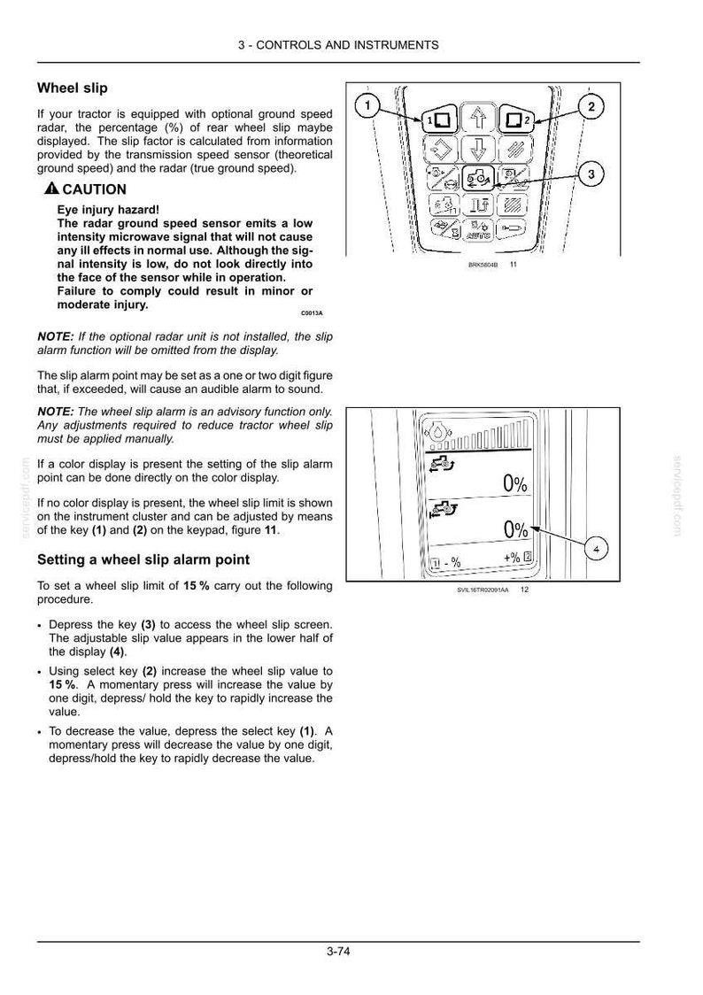 Pode incluir: Uma p&aacute;gina de manual t&eacute;cnico intitulada 3-CONTROLS AND INSTRUMENTS detalhando as configura&ccedil;&otilde;es de patinagem das rodas do trator. Inclui diagramas de um teclado com teclas 1, 2, 3 e um display digital mostrando valores de 0% com indicador 4.