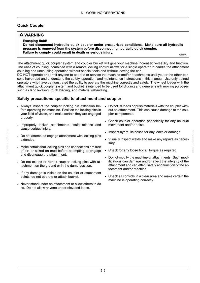 Peut inclure: Une page de manuel avec des consignes de s&eacute;curit&eacute; pour un syst&egrave;me d'attache rapide. Le texte comprend des avertissements sur la pression hydraulique et des instructions d'utilisation et d'entretien.