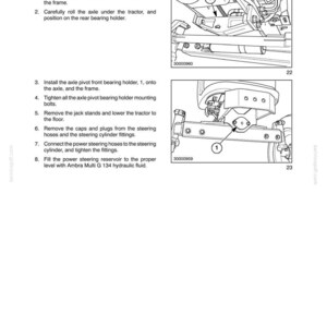 May include: A technical manual page titled SECTION 44 - 2WD FRONT AXLE - CHAPTER 1, featuring black and white line drawings of tractor axle installation steps, numbered callouts, and text instructions for mounting bearing holders and hoses.