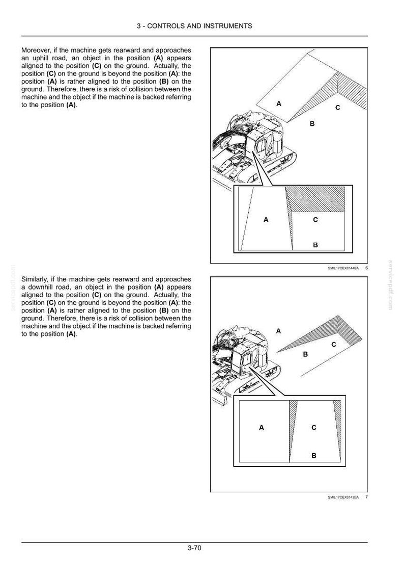 May include: Diagram from a manual showing controls and instruments. The image includes a machine illustration and diagrams labeled A, B, and C, with text explaining potential collision risks.