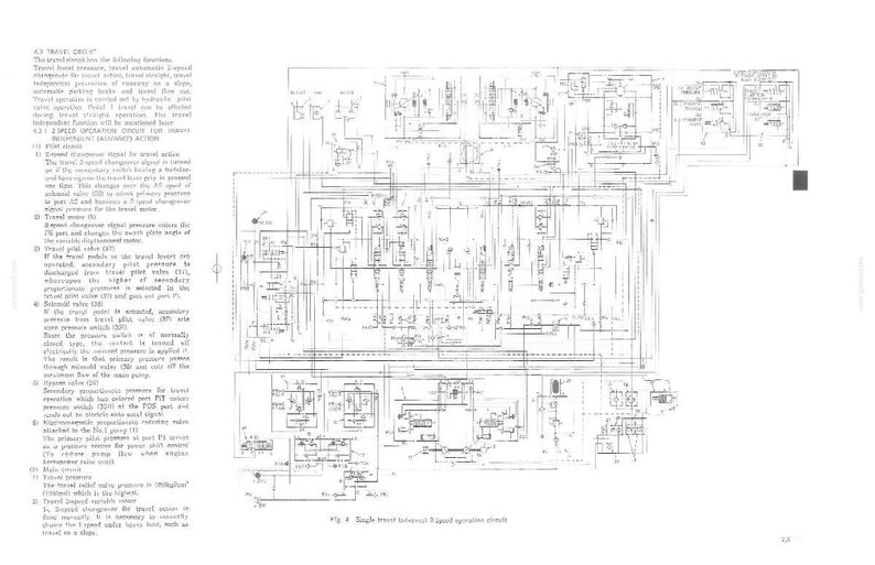 May include: A technical document page featuring a black and white schematic diagram of a 2-speed travel circuit. The page includes detailed text descriptions labeled 4.2 TRAVEL CIRCUIT and 4.2.1 2-SPEED OPERATION CIRCUIT FOR TRAVEL.