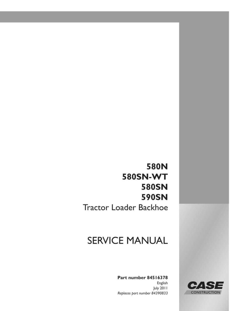 May include: A white service manual for a tractor loader backhoe. The cover includes the model numbers 580N, 580SN-WT, 580SN, and 590SN. The text "SERVICE MANUAL" is prominently displayed. The Case Construction logo is in the bottom right corner.
