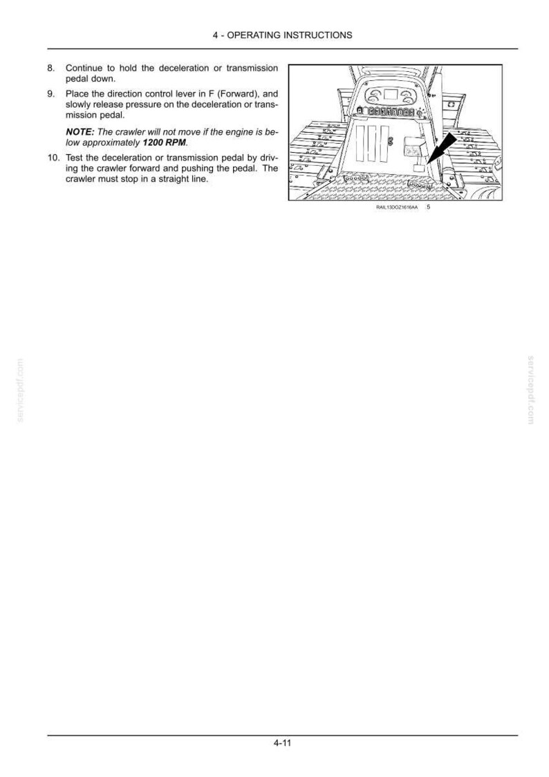 Op de afbeelding: Diagram uit een handleiding met instructies voor een rupsband. Het diagram bevat een tekening van de rupsband en de tekst "4 - BEDIENINGSAANWIJZINGEN". De tekst bevat ook instructies over het gebruik van het vertragings- of transmissiepedaal.