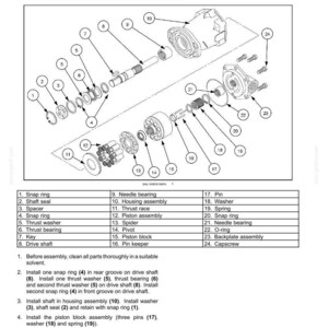 May include: An exploded diagram of a motor assembly, labeled "Motor - Assemble," with various components including snap rings, washers, and a piston assembly. The diagram includes a parts list with item numbers and descriptions.