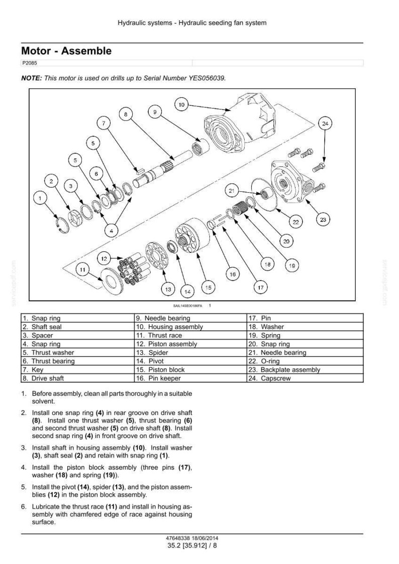 May include: An exploded diagram of a motor assembly, labeled "Motor - Assemble," with various components including snap rings, washers, and a piston assembly. The diagram includes a parts list with item numbers and descriptions.