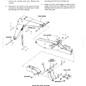 May include: An exploded diagram of a boom assembly, with labels for various components like the main boom, tool boom, and cylinders. The diagram includes instructions for disassembly and repair, with callouts for bushings and pivot pins.