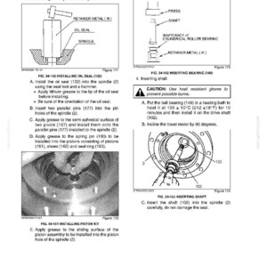 May include: Diagrams from a manual detailing the disassembly and assembly of a travel system. Illustrations show the installation of an oil seal, inserting a bearing, and installing a piston kit. Text includes instructions and part numbers.