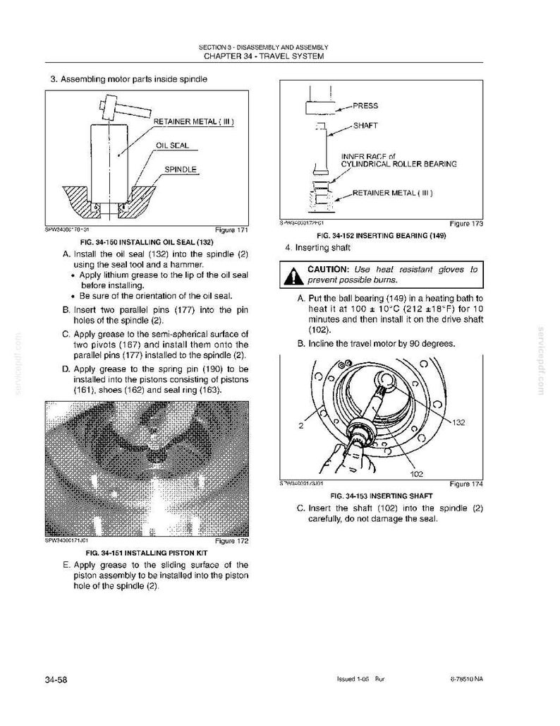 May include: Diagrams from a manual detailing the disassembly and assembly of a travel system. Illustrations show the installation of an oil seal, inserting a bearing, and installing a piston kit. Text includes instructions and part numbers.