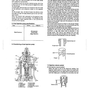 May include: A technical document page titled Chapter 3 Fuel Injection Equipment, featuring text descriptions, a specification table, and black and white line drawings illustrating the internal components and functioning of a fuel injection pump.