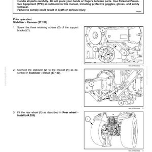 May include: Diagram of a three-point hitch linkage with instructions for installing a stabilizer support bracket. The image includes numbered diagrams and text instructions, with a warning about avoiding injury.