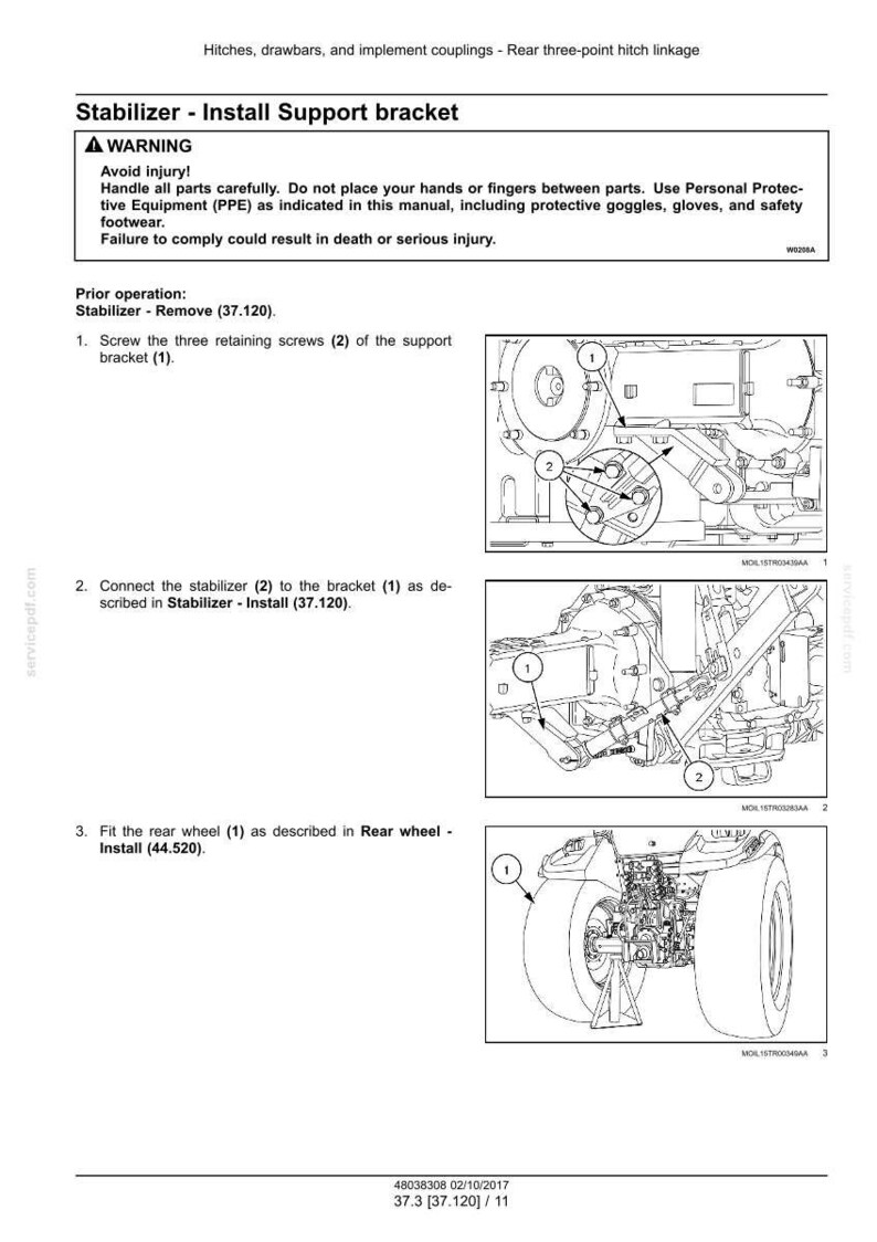 May include: Diagram of a three-point hitch linkage with instructions for installing a stabilizer support bracket. The image includes numbered diagrams and text instructions, with a warning about avoiding injury.