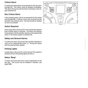 May include: A technical manual page titled 3-CONTROLS AND INSTRUMENTS detailing alarm functions for a tractor. It includes text descriptions of critical, non-critical, and safety alarms, alongside a line drawing of a dashboard with numbered icons.