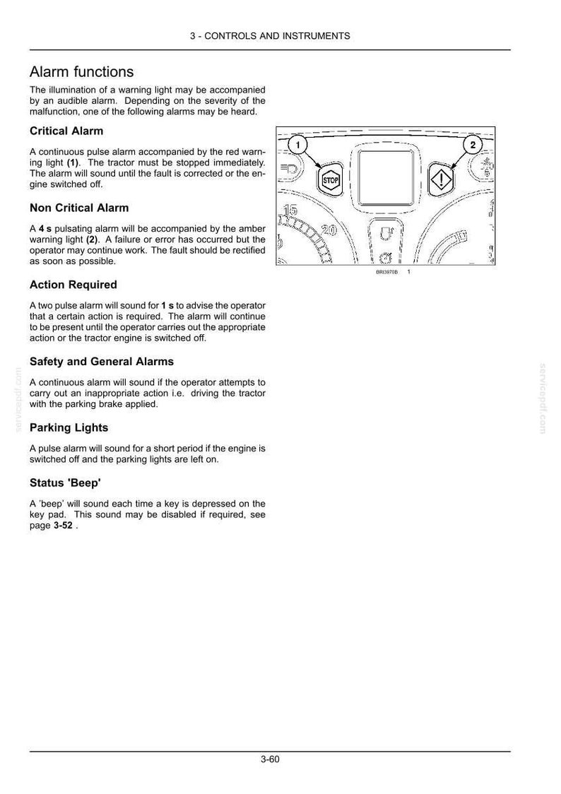 May include: A technical manual page titled 3-CONTROLS AND INSTRUMENTS detailing alarm functions for a tractor. It includes text descriptions of critical, non-critical, and safety alarms, alongside a line drawing of a dashboard with numbered icons.