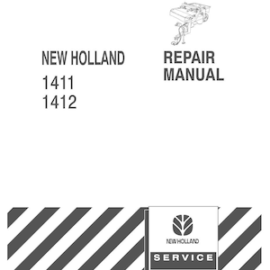 May include: A white New Holland repair manual cover featuring a black line drawing of agricultural machinery. The text reads NEW HOLLAND 1411 1412 REPAIR MANUAL. At the bottom, a black and white diagonal striped border frames a New Holland logo.