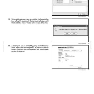 May include: A screenshot from a diagnostic software interface, showing a customer details form, a pop-up window, and a printed test report. The text includes instructions for saving and printing battery test results.