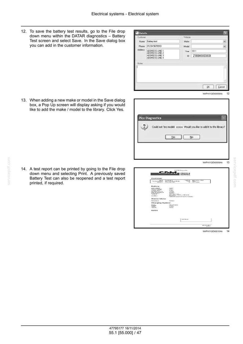 May include: A screenshot from a diagnostic software interface, showing a customer details form, a pop-up window, and a printed test report. The text includes instructions for saving and printing battery test results.