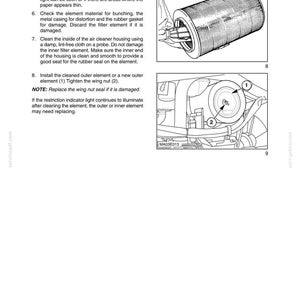 May include: A technical manual page titled SECTION 3 - LUBRICATION AND MAINTENANCE. It features two black and white line drawings showing an air filter element and its installation housing, with numbered labels 1 and 2 and instructional text.