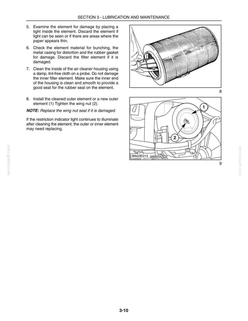 May include: A technical manual page titled SECTION 3 - LUBRICATION AND MAINTENANCE. It features two black and white line drawings showing an air filter element and its installation housing, with numbered labels 1 and 2 and instructional text.