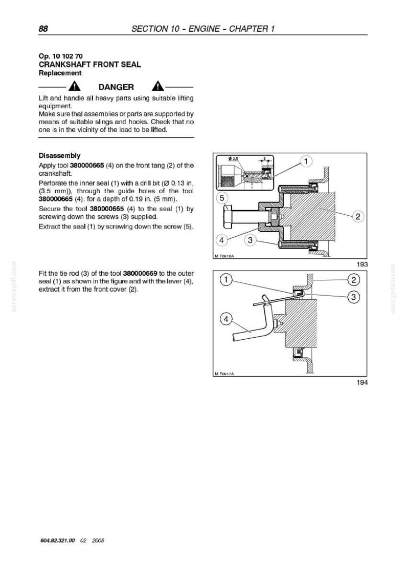 K&ouml;nnte beinhalten: Diagramm aus einem Handbuch, das den Austausch des Kurbelwellen-Frontdichtrings detailliert. Das Bild enth&auml;lt beschriftete Diagramme mit Messungen in mm (3,5 mm, 5 mm) und Anweisungen f&uuml;r die Demontage und den Zusammenbau von Motorkomponenten.