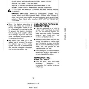 May include: Safety information page with warnings about battery acid burns, explosive gases, and hazardous chemicals. Includes instructions for burn prevention, handling batteries, and transporting equipment. Text includes "Burn Prevention" and "Hazardous Chemical Precautions."