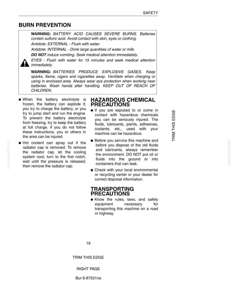 May include: Safety information page with warnings about battery acid burns, explosive gases, and hazardous chemicals. Includes instructions for burn prevention, handling batteries, and transporting equipment. Text includes "Burn Prevention" and "Hazardous Chemical Precautions."