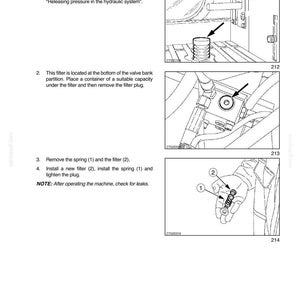 May include: Diagram from a service manual showing steps to replace a hydraulic system filter. The image includes illustrations of the filter location, removal of the spring and filter, and installation of a new filter. Text instructions accompany the diagrams.