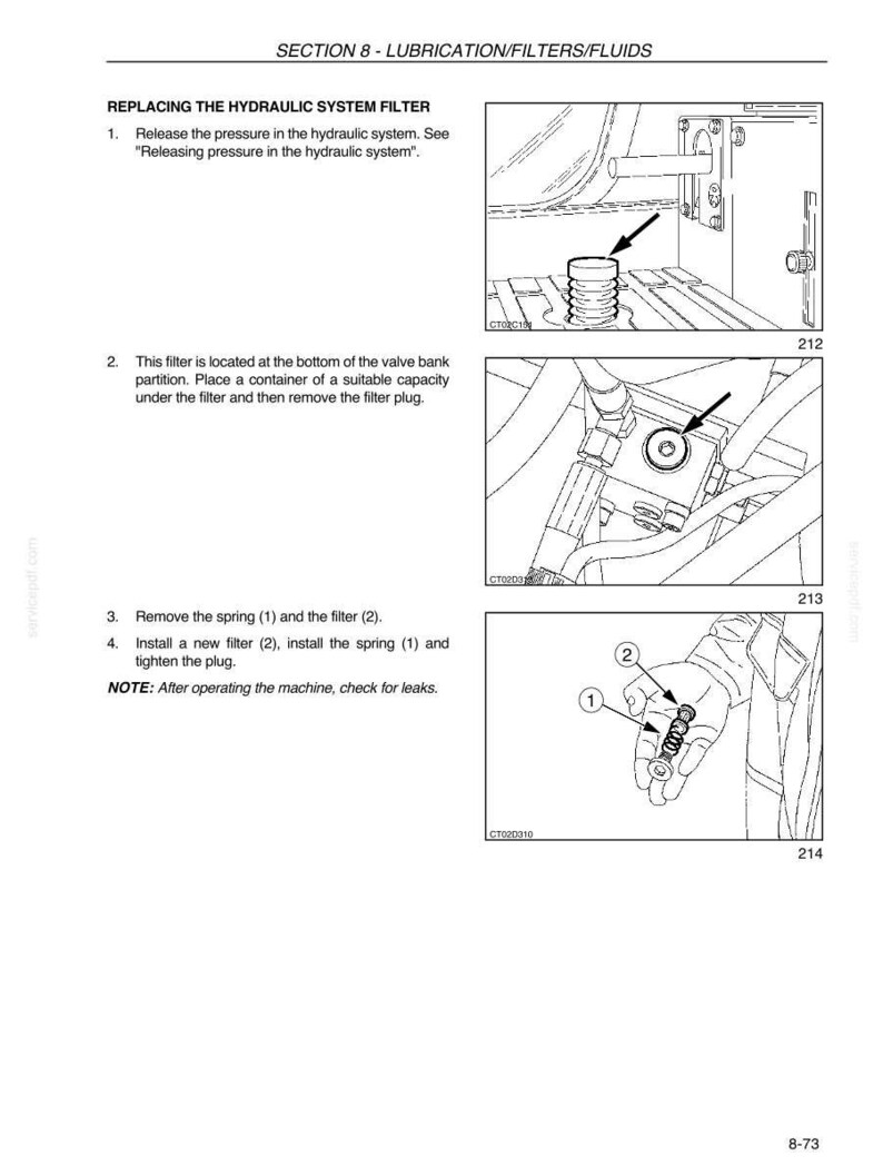 May include: Diagram from a service manual showing steps to replace a hydraulic system filter. The image includes illustrations of the filter location, removal of the spring and filter, and installation of a new filter. Text instructions accompany the diagrams.