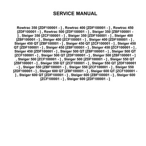 May include: A service manual with the "CASE IH AGRICULTURE" logo at the top. The manual lists various Rowtrac and Steiger models, including their corresponding codes. The document is dated 04/10/2013.