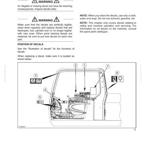Puede incluir: Diagrama del interior de una m&aacute;quina con ubicaciones de calcoman&iacute;as numeradas. La imagen incluye s&iacute;mbolos de advertencia y texto sobre el mantenimiento y reemplazo de calcoman&iacute;as. El texto dice "SECTION 3 - SAFETY/DECALS/HAND SIGNALS".