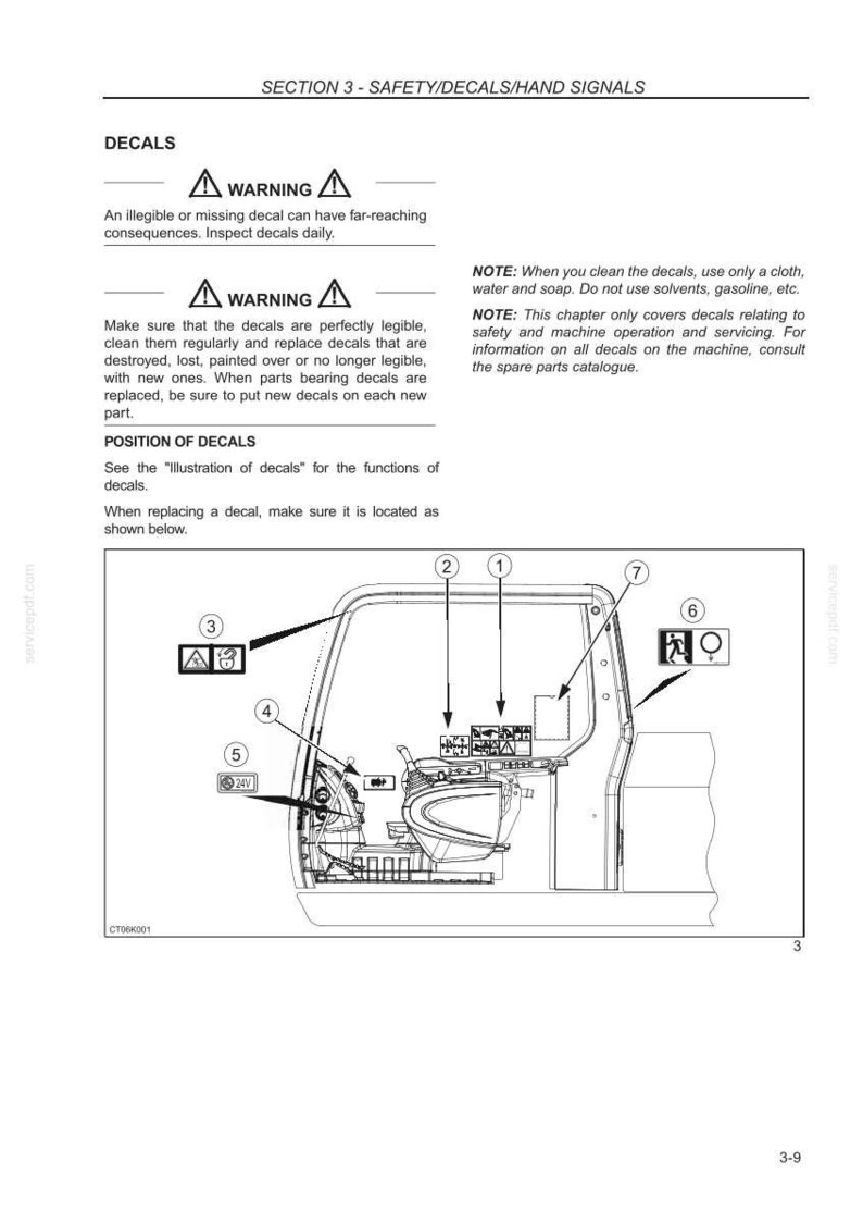 Puede incluir: Diagrama del interior de una m&aacute;quina con ubicaciones de calcoman&iacute;as numeradas. La imagen incluye s&iacute;mbolos de advertencia y texto sobre el mantenimiento y reemplazo de calcoman&iacute;as. El texto dice "SECTION 3 - SAFETY/DECALS/HAND SIGNALS".
