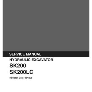 May include: A gray and black Kobelco service manual for a hydraulic excavator. The cover displays the text: KOBELCO, SERVICE MANUAL, HYDRAULIC EXCAVATOR, SK200, SK200LC, Revision Date: 03/1990, Applicable: SK200 LQ-2101- SK200LC LL-1801- S5LQ0004E-02.