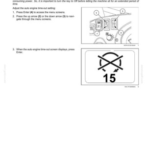 May include: Diagram illustrating auto engine shutdown time-out adjustment. The image includes a control panel with numbered buttons and a symbol indicating a 15-minute time-out. Instructions are provided for setting the time-out.