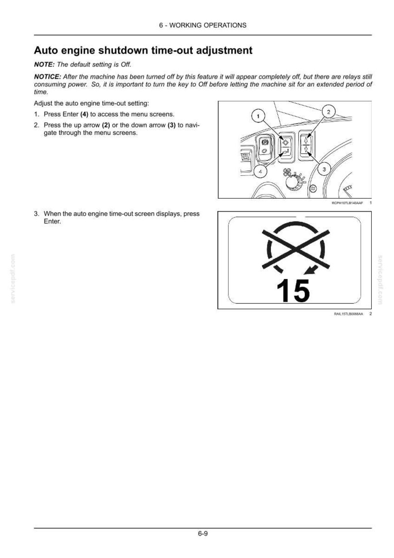 May include: Diagram illustrating auto engine shutdown time-out adjustment. The image includes a control panel with numbered buttons and a symbol indicating a 15-minute time-out. Instructions are provided for setting the time-out.