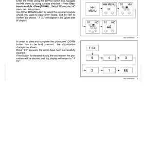 May include: Diagram of an electronic module with instructions for clearing fault codes. The text includes steps for using the service switch, selecting modules, and confirming choices. The diagram shows a sequence of steps with arrows and labels.