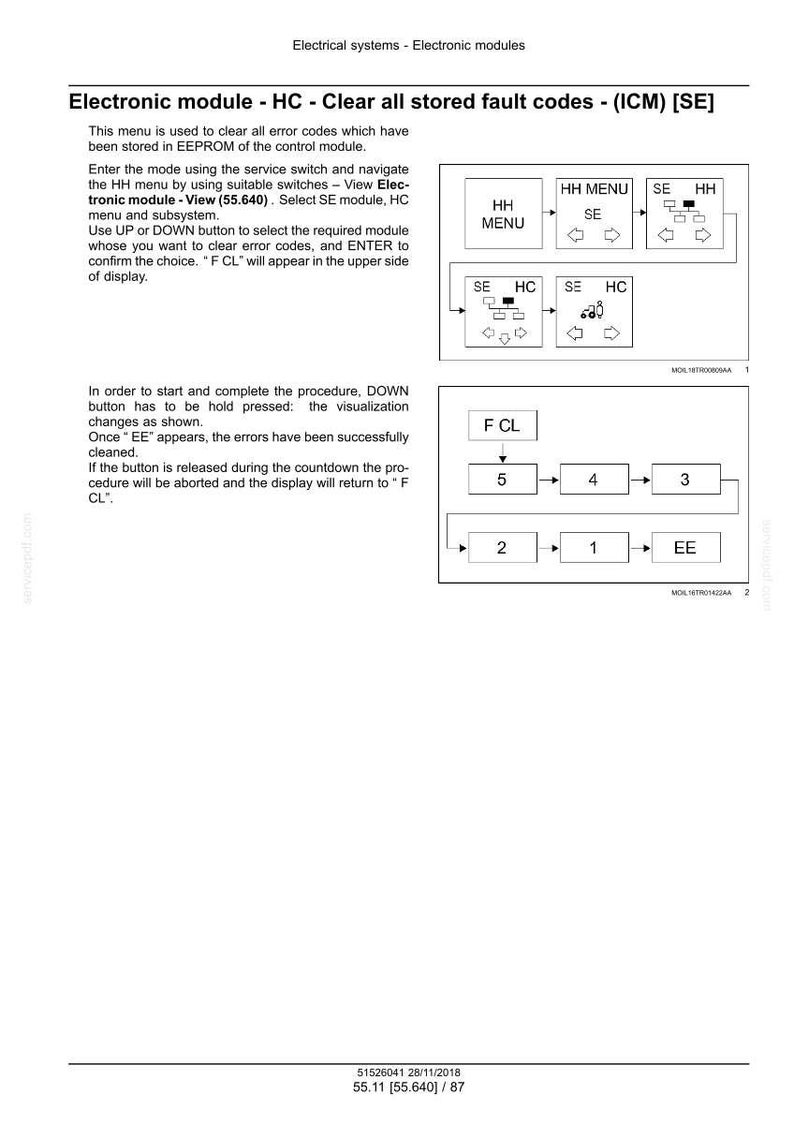 May include: Diagram of an electronic module with instructions for clearing fault codes. The text includes steps for using the service switch, selecting modules, and confirming choices. The diagram shows a sequence of steps with arrows and labels.