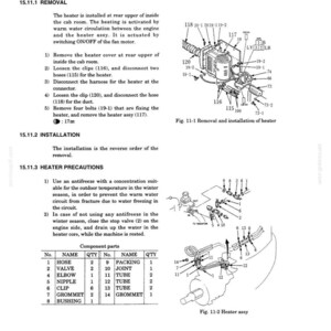 May include: A technical manual page titled SECTION 2 SYSTEMS CHAPTER 15 UPPER STRUCTURE 15.11 HEATER (OPTION) containing text instructions for heater removal and installation, along with two black and white line drawings and a component parts table.
