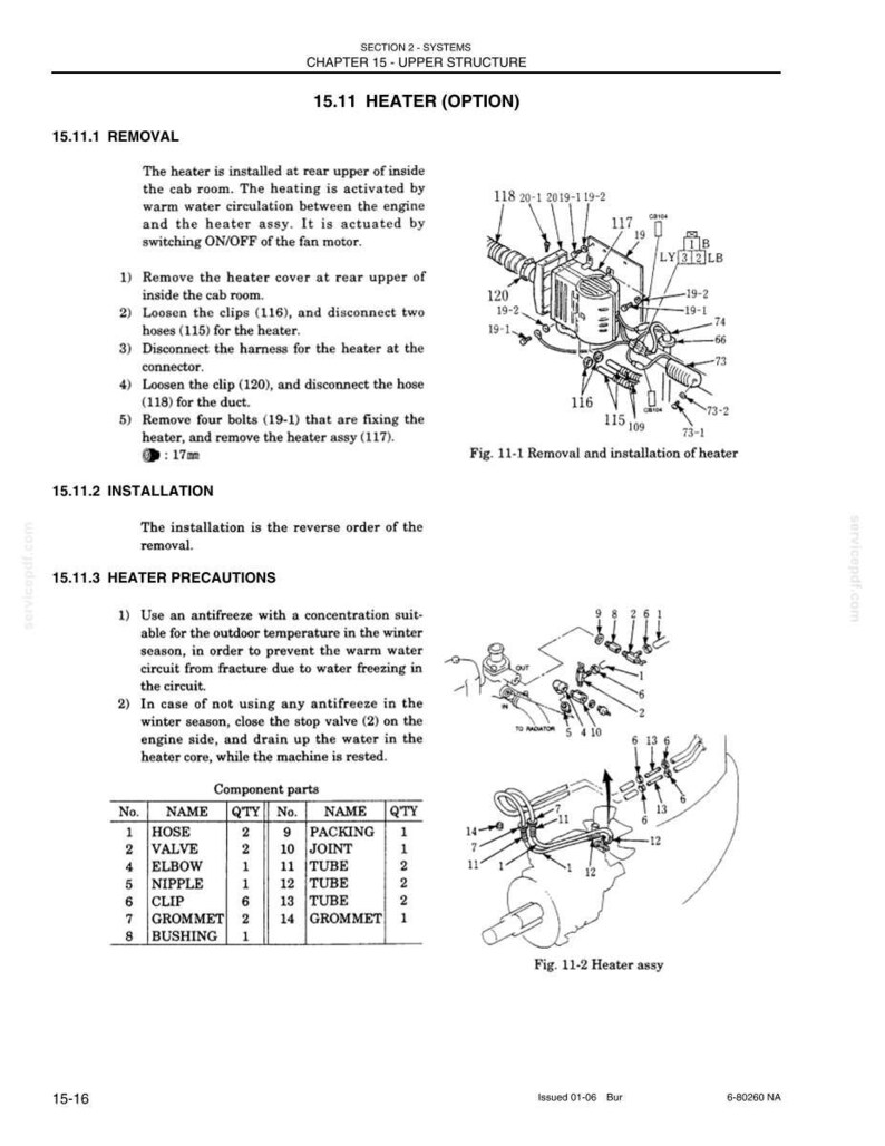 May include: A technical manual page titled SECTION 2 SYSTEMS CHAPTER 15 UPPER STRUCTURE 15.11 HEATER (OPTION) containing text instructions for heater removal and installation, along with two black and white line drawings and a component parts table.