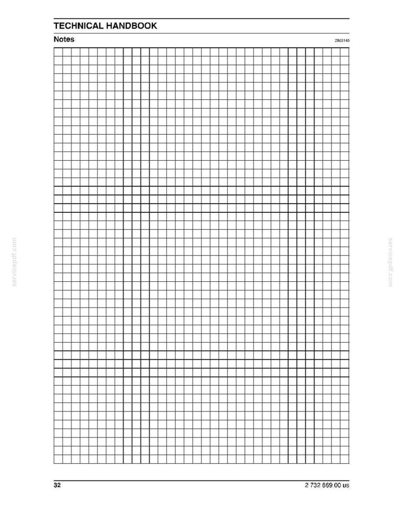 Op de afbeelding: Een pagina uit een technisch handboek met een rasterpatroon voor notities. Bovenaan de pagina staat "TECHNICAL HANDBOOK" en "Notes". Onderaan de pagina staan het nummer "32" en een serienummer.