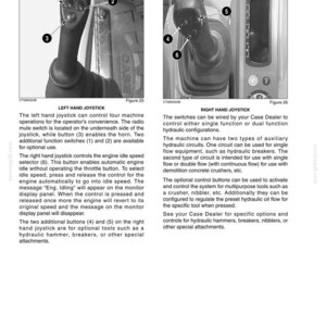May include: Diagram of optional joystick configurations for a machine, with close-up views of the left and right hand joysticks. The joysticks have multiple buttons and switches for controlling various machine functions, including engine idle speed and auxiliary circuits.
