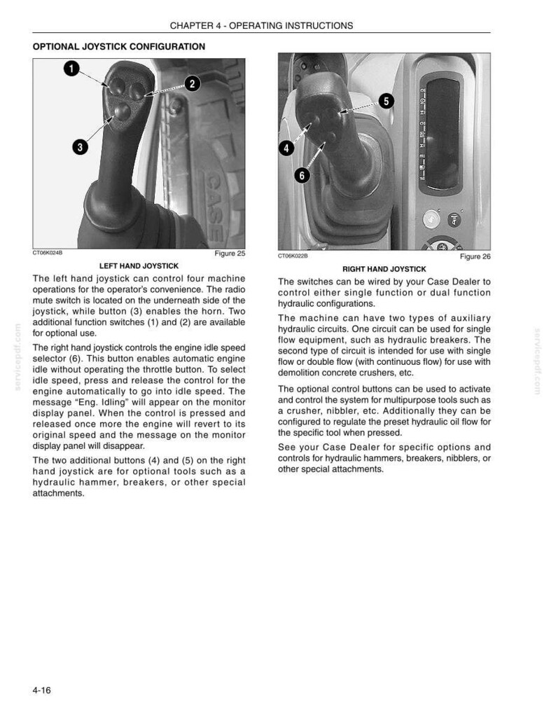 May include: Diagram of optional joystick configurations for a machine, with close-up views of the left and right hand joysticks. The joysticks have multiple buttons and switches for controlling various machine functions, including engine idle speed and auxiliary circuits.