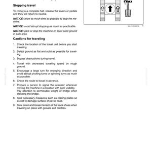 K&ouml;nnte beinhalten: Eine Seite eines technischen Dokuments mit dem Titel 4 - OPERATING INSTRUCTIONS, die Anweisungen zu Kurvenfahrten, zum Anhalten und Sicherheitshinweise enth&auml;lt. Sie zeigt ein schwarz-wei&szlig;es Diagramm mit zwei Kettenlaufwerken und Richtungspfeilen.